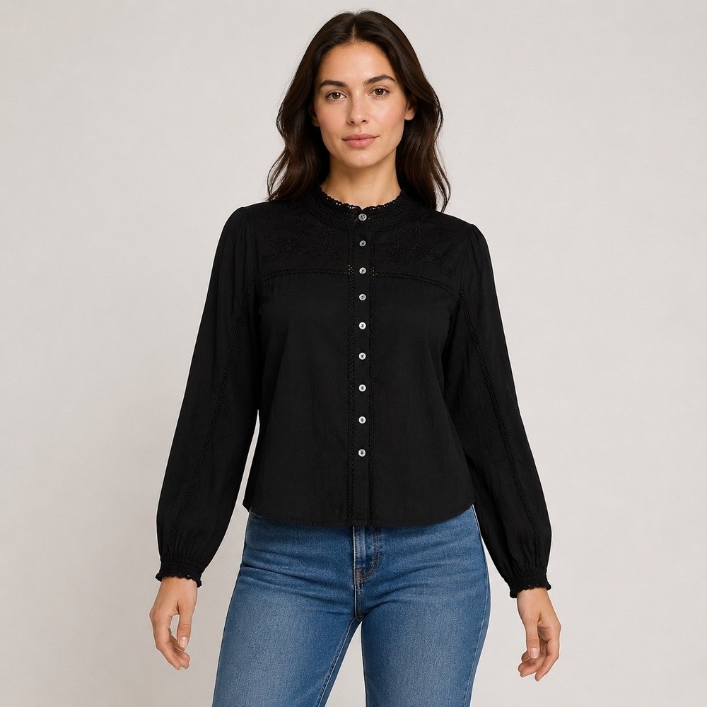 Karl Lagerfeld Paris Womens Black Embroidered Crochet Lace Blouse L5XSY702 M